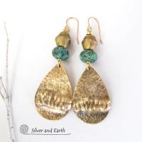 Gold Brass Tribal Earrings with Chrysocolla Stones and African Brass Beads