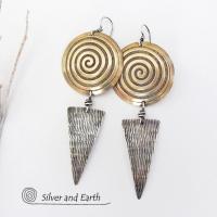Sterling Silver & Brass Earrings with Spiral Design -Contemporary Modern Jewelry