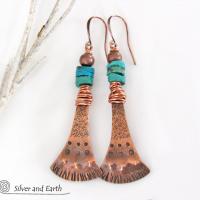 Textured Copper Earrings with Natural Turquoise - Boho Southwestern Jewelry