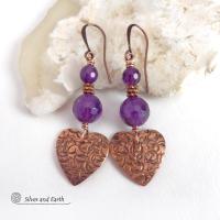 These handcrafted copper heart dangle earrings have a hand stamped texture and are accented with genuine purple amethyst gemstones with a faceted finish and tiny copper beads. Modern, classic and elegant - the style is always in fashion. The perfect gift for someone special on Valentine's Day or any day! They'll also make a great gift for someone with a February birthday or 6th anniversary - amethyst is the gemstone for either occasion. Or a 7th anniversary gift - copper is the traditional theme for this. 