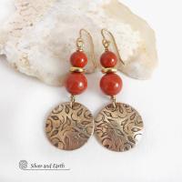 These handcrafted earrings have an elegant, modern chic style that coordinates beautifully with all wardrobe types -- dressed up or down. They feature gold brass dangles with a hand stamped texture accented with a stack of red jasper gemstones and shiny brass beads. They'll make a great gift for a natural gemstone lover - or a nice addition to your own jewelry wardrobe. Handmade in the USA by Silver and Earth jewelry.