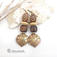 Hand Stamped Gold Brass Earrings with Brown Tibetan Agate Stones - Ethnic Boho Tribal Style Jewelry