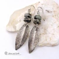 Hammered Sterling Silver Dangle Earrings with Gray Black Paintbrush Jasper Stones