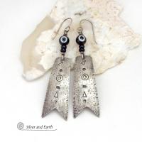 Long Oxidized Sterling Silver Earrings with Hand Stamped Texture - Bold Modern Edgy Tribal Style Jewelry