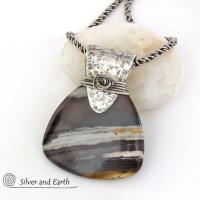 Petrified Wood Sterling Silver Necklace - Unique Organic Natural Earthy Jewelry