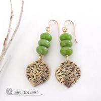 Hand Stamped Gold Brass Dangle Earrings with Green Serpentine Gemstones - Modern Earthy Chic Natural Stone Jewelry