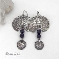 Hammered Oxidized Sterling Silver Earrings with Black Onyx Gemstones - Bold Edgy Modern Silver Jewelry