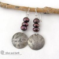Sterling Silver Earrings with Hand Stamped Leaves & Dark Bronze Pearls - Earthy Nature Jewelry 