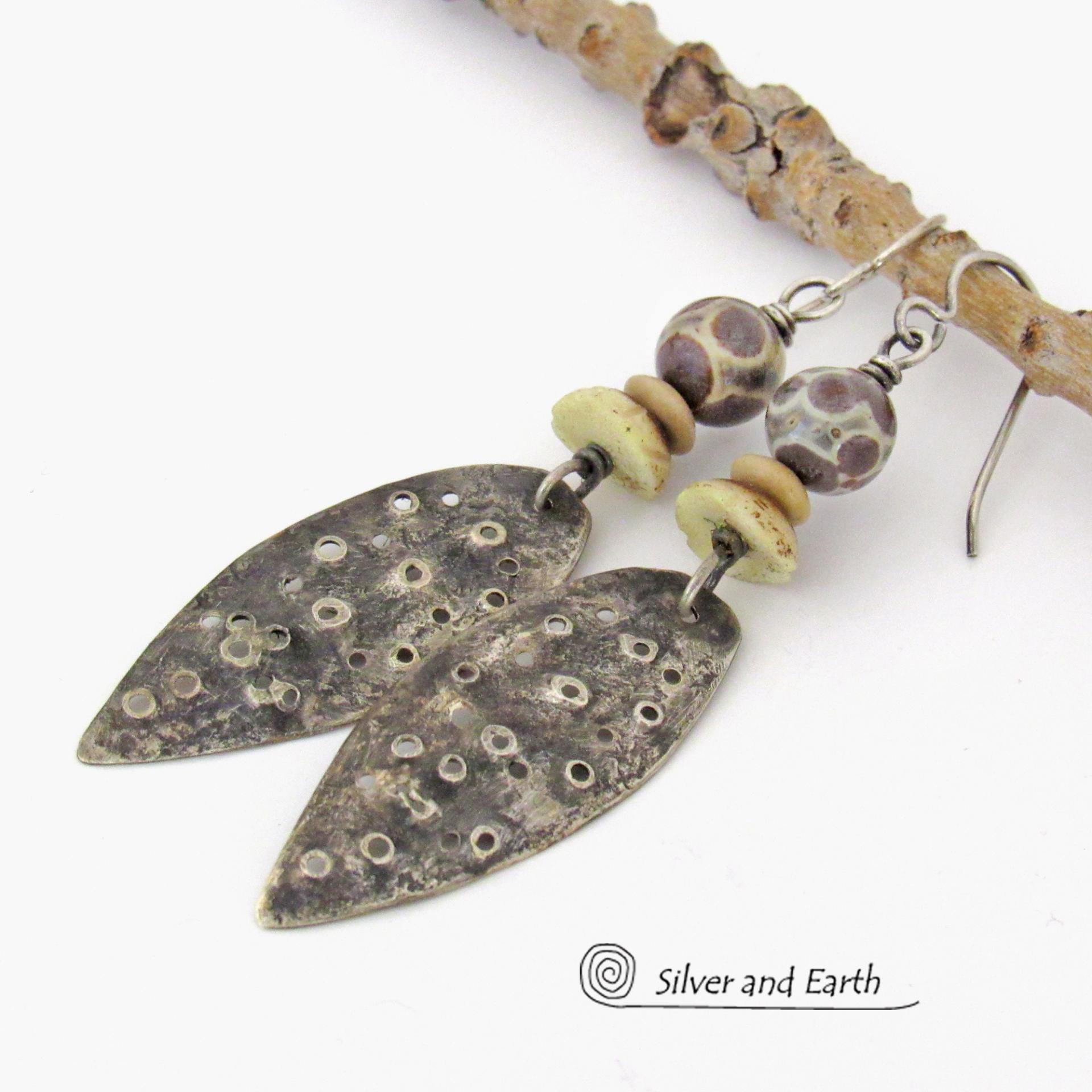 Rustic Sterling Silver Earrings with Asteroid Jasper Stones - Bold Edgy Earthy Organic Style Jewelry