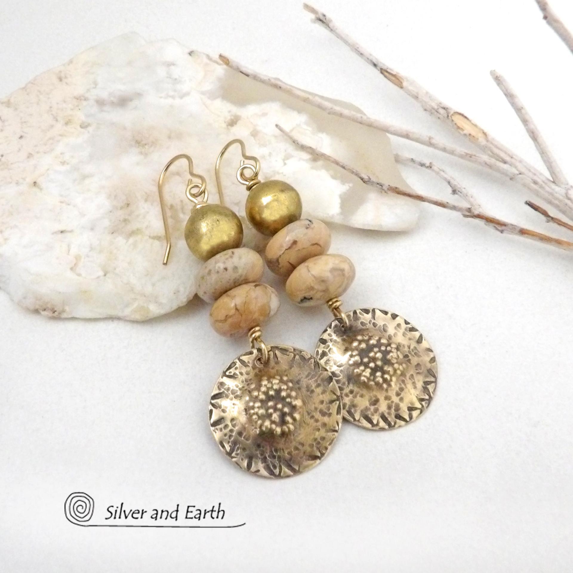 Textured Gold Brass Earrings with Beige Agate Stones - Earthy Modern Gemstone Jewelry