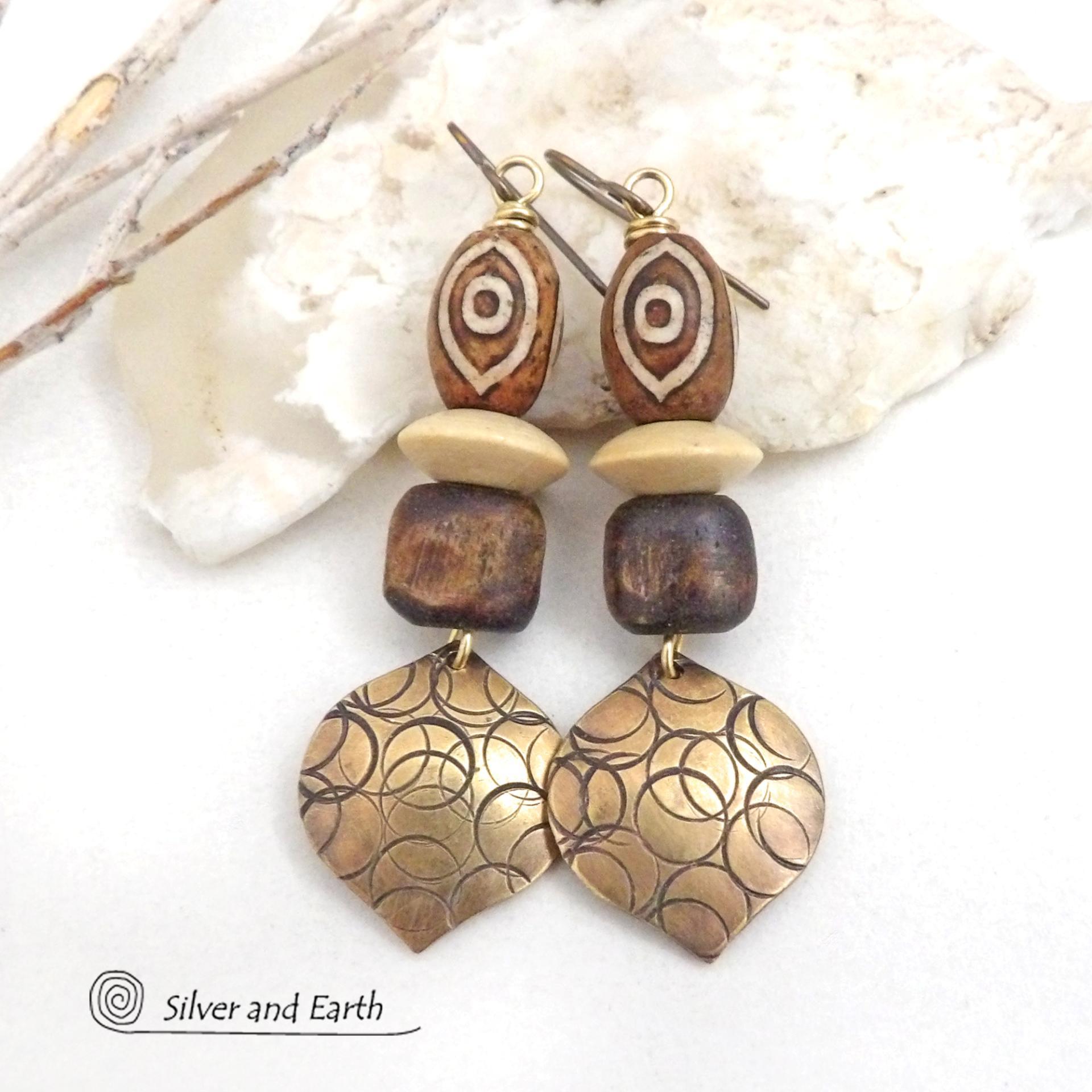Hand Stamped Gold Brass Earrings with Brown Tibetan Agate Stones - Ethnic Boho Tribal Style Jewelry