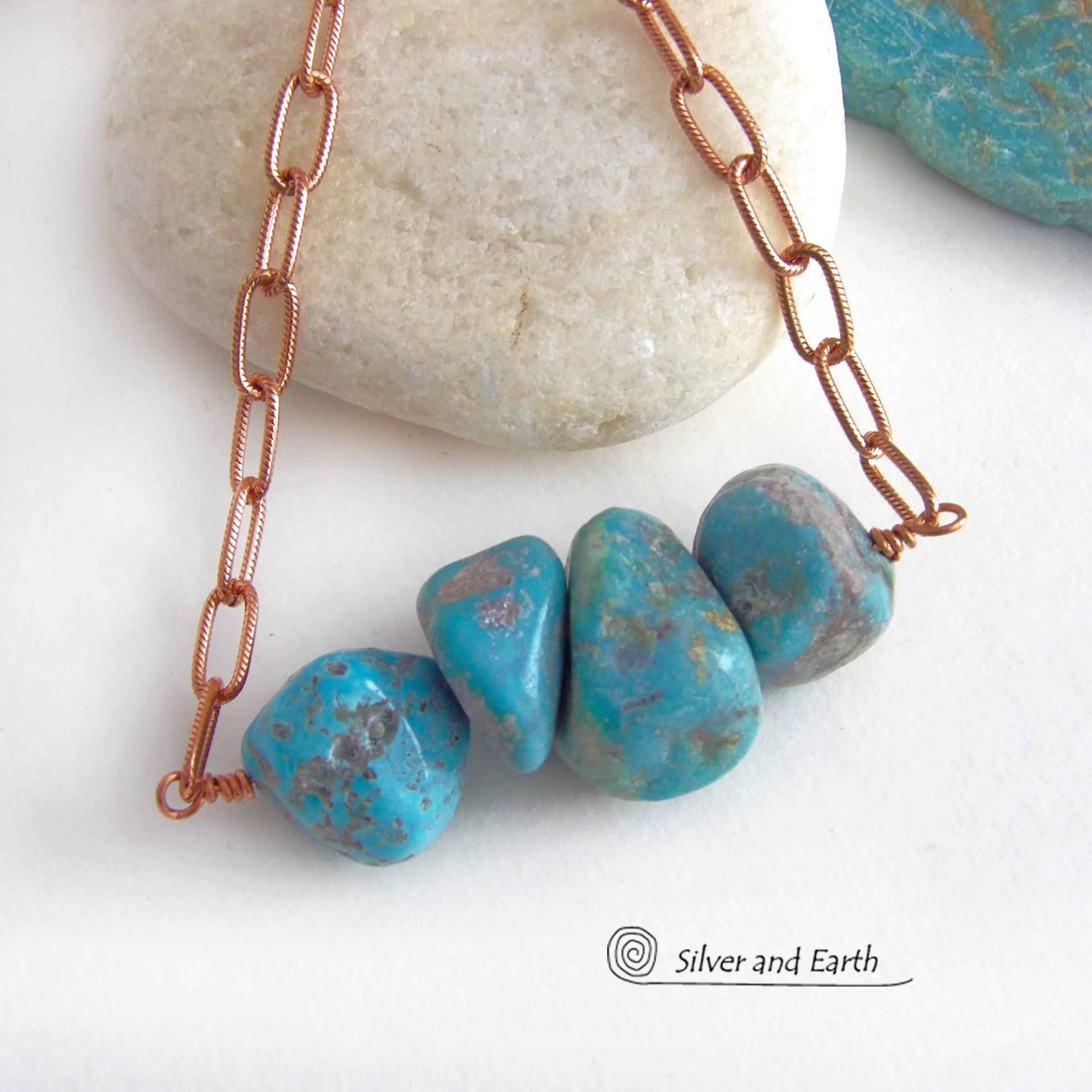 This chunky turquoise necklace features big, organically-shaped nuggets of genuine natural turquoise accented with a copper link chain. The turquoise is a stunning shade of blue - reminiscent of the lovely blue skies here in the American Southwest. Unique and one-of-a-kind, it will make a bold statement. Perfect for women that love bold unique jewelry made with natural stones. Handmade in the USA by Silver and Earth Jewelry. 