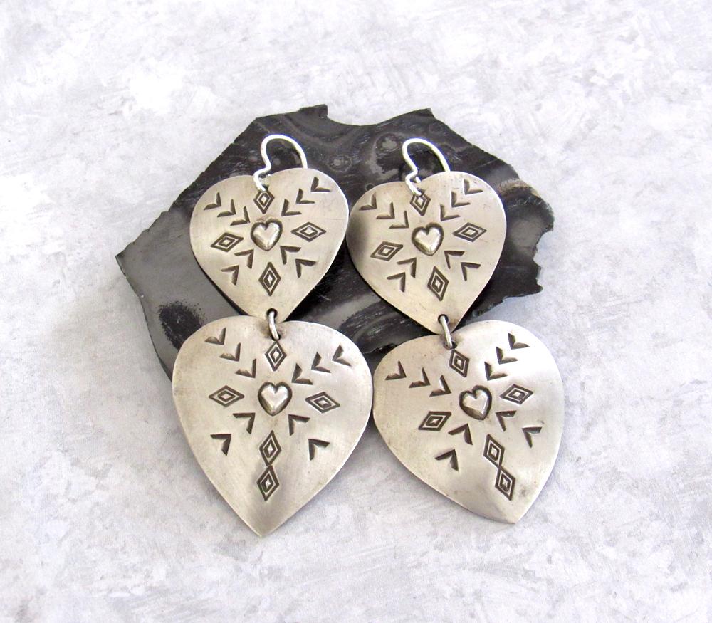 Large Sterling Silver Heart Concho Earrings - Vintage Southwestern Jewelry