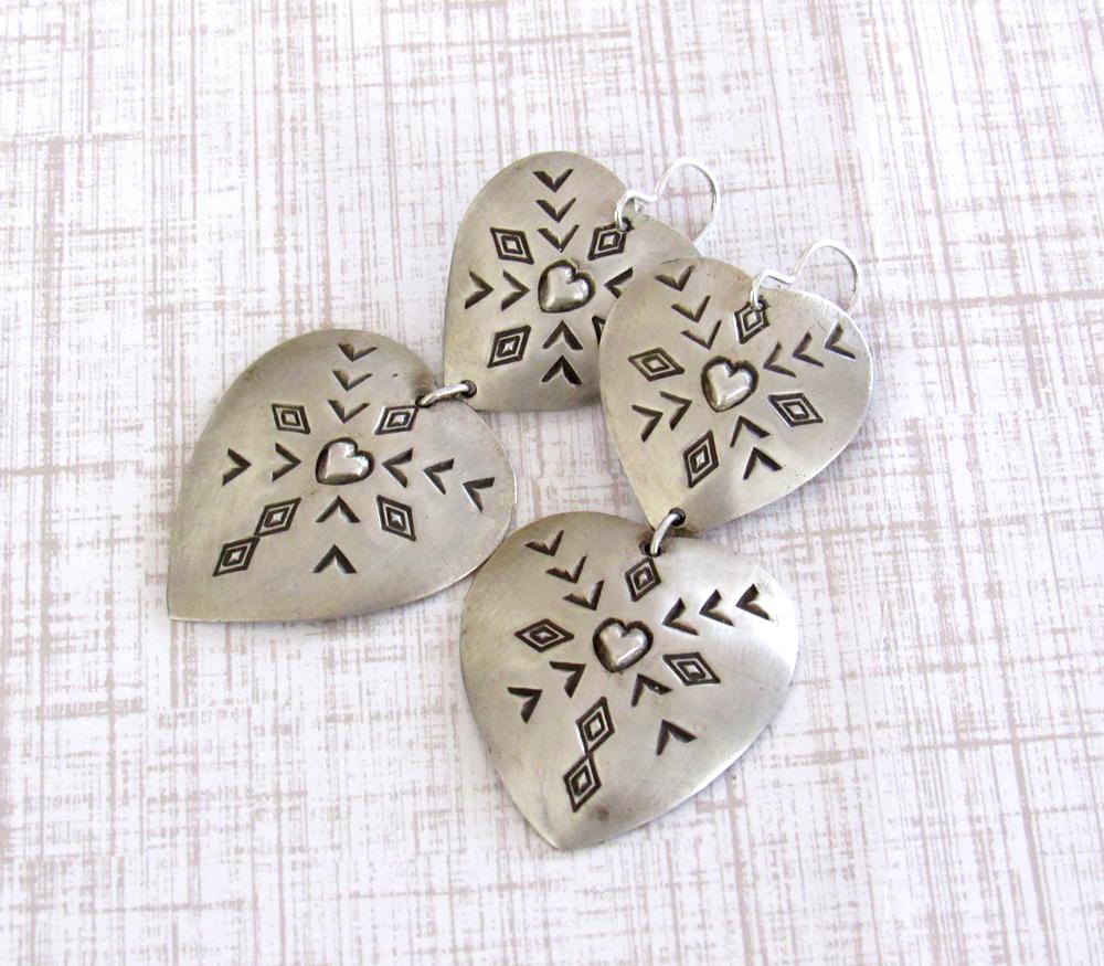 Large Sterling Silver Heart Concho Earrings - Vintage Southwestern Jewelry