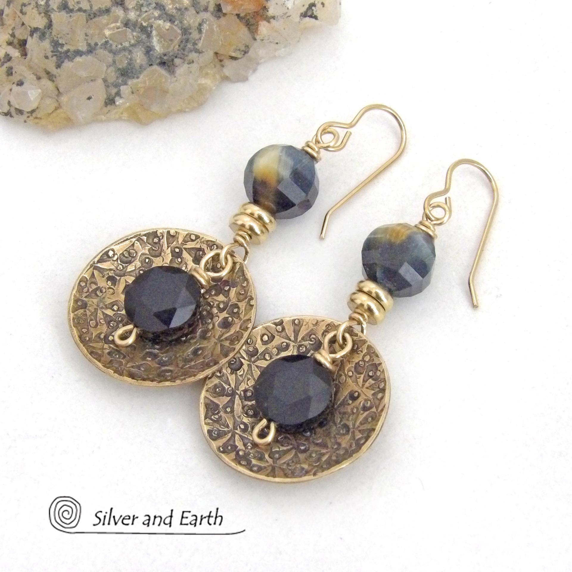 Gold Brass Earrings with Faceted Black Onyx and Golden Black Tiger's Eye Gemstones