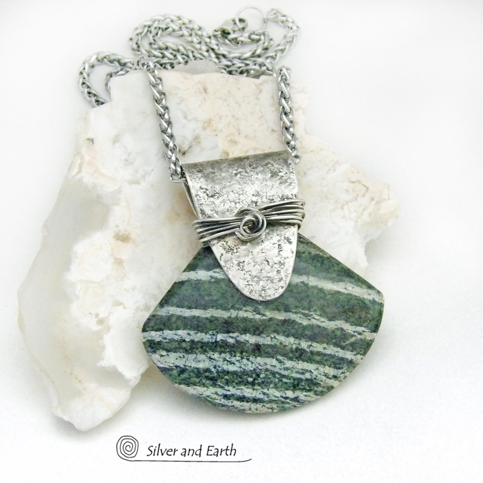 Green Zebra Jasper Sterling Silver Necklace - Unique Natural One of a Kind Stone Jewelry