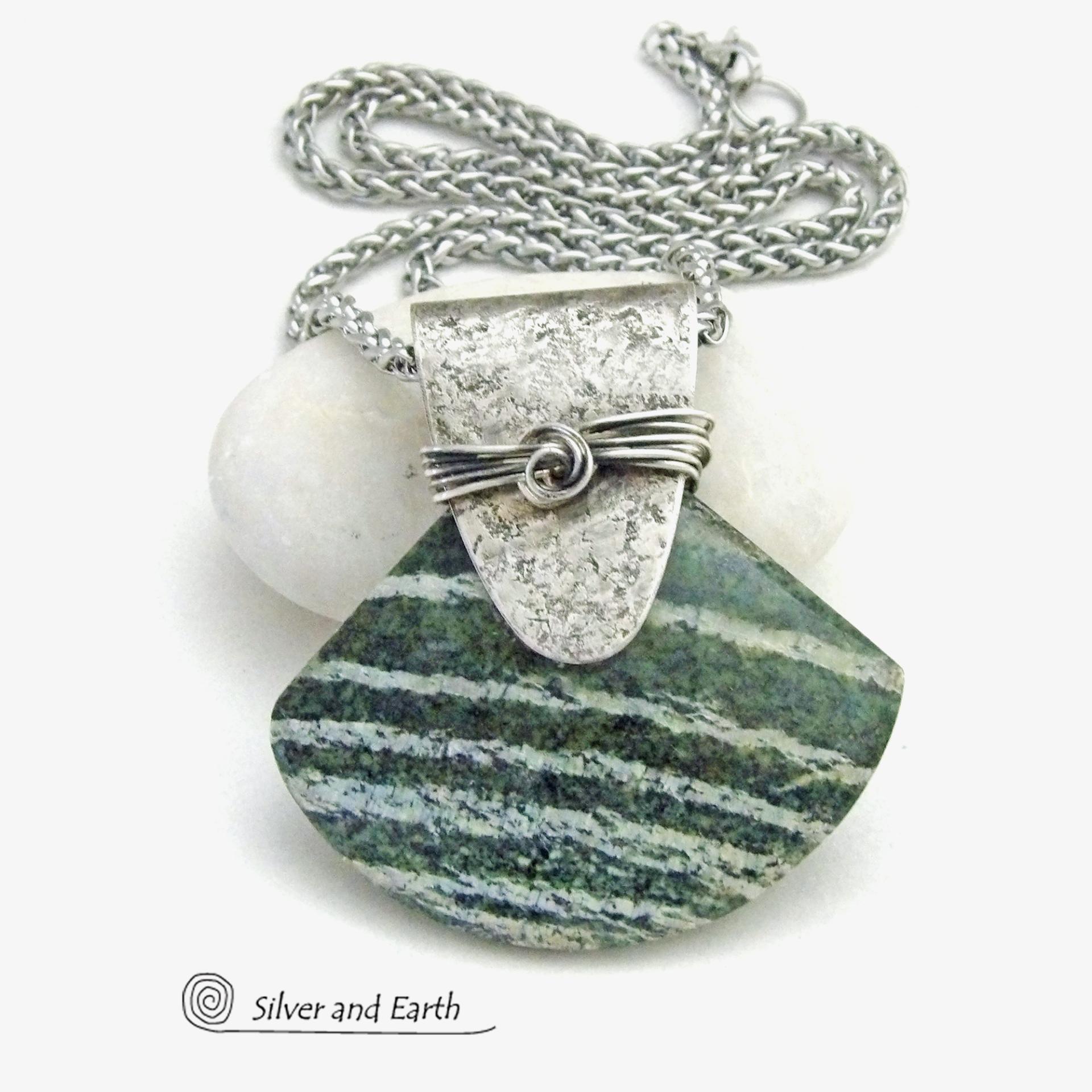 Green Zebra Jasper Sterling Silver Necklace - Unique Natural One of a Kind Stone Jewelry