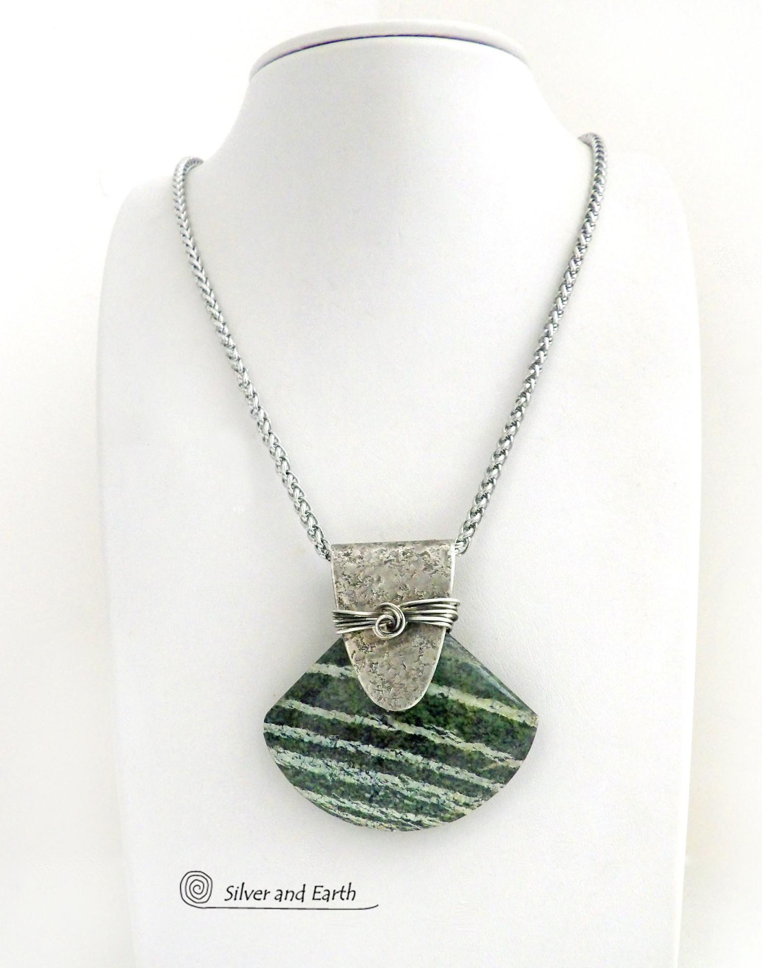 Green Zebra Jasper Sterling Silver Necklace - Unique Natural One of a Kind Stone Jewelry