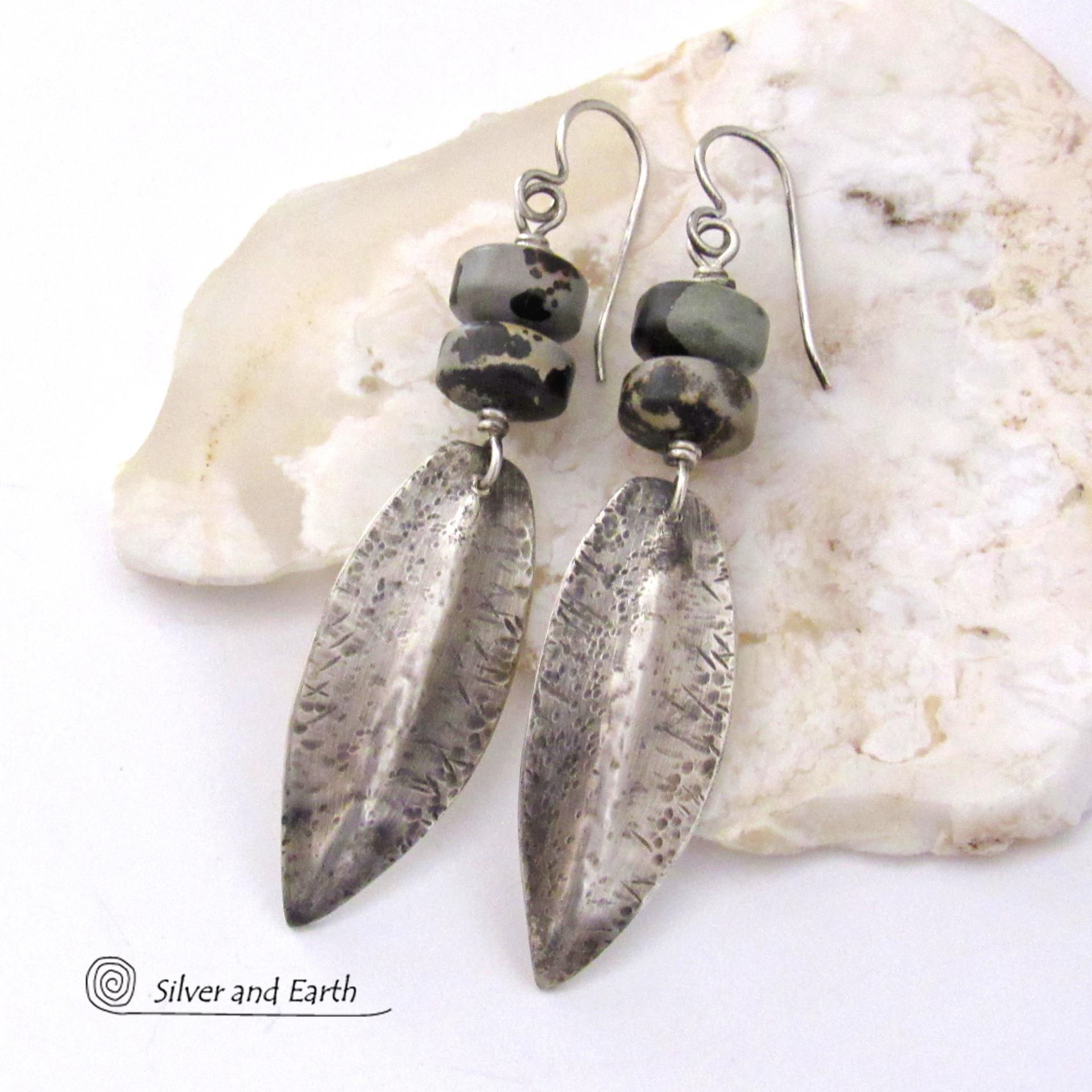Hammered Sterling Silver Dangle Earrings with Gray Black Paintbrush Jasper Stones