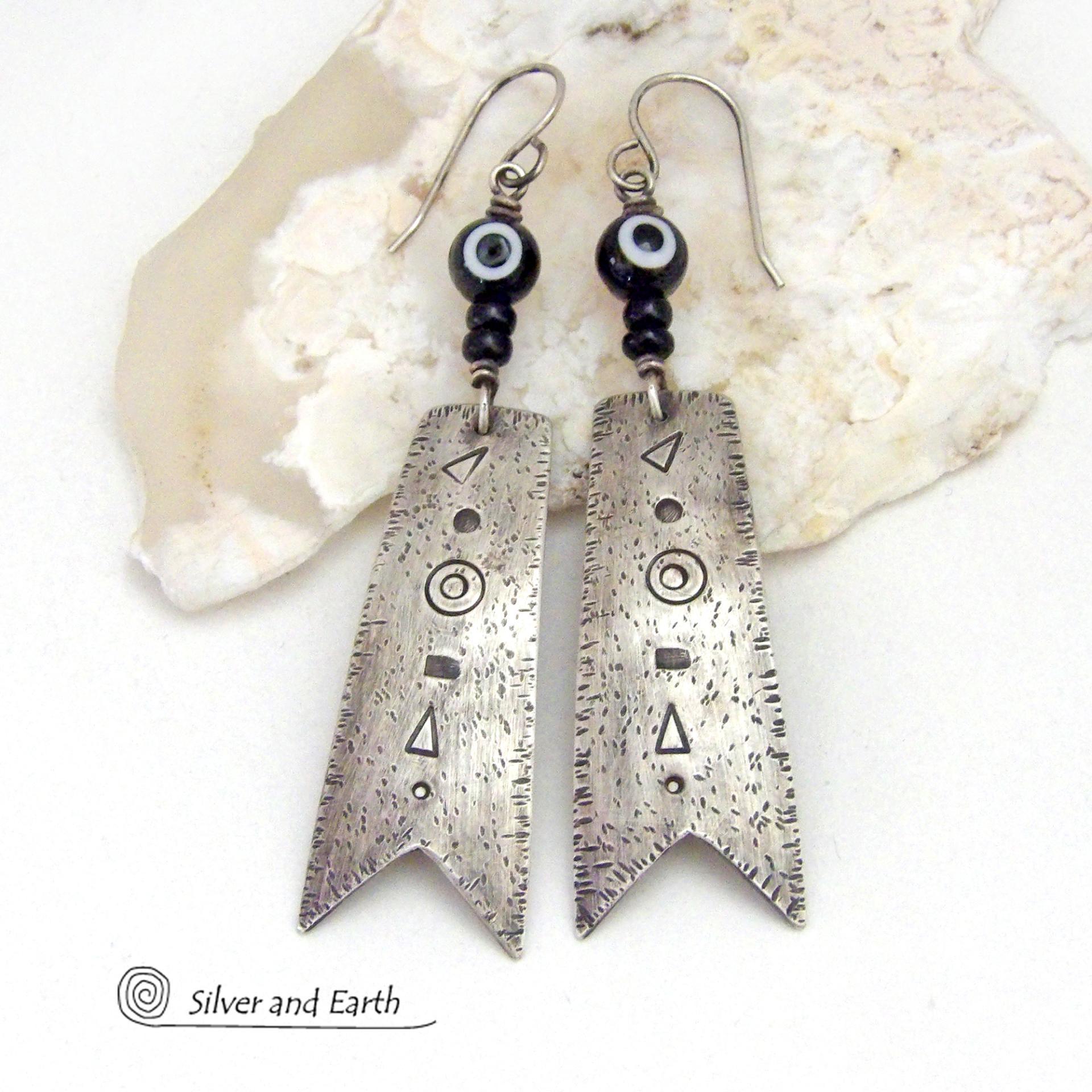 Long Oxidized Sterling Silver Earrings with Hand Stamped Texture - Bold Modern Edgy Tribal Style Jewelry