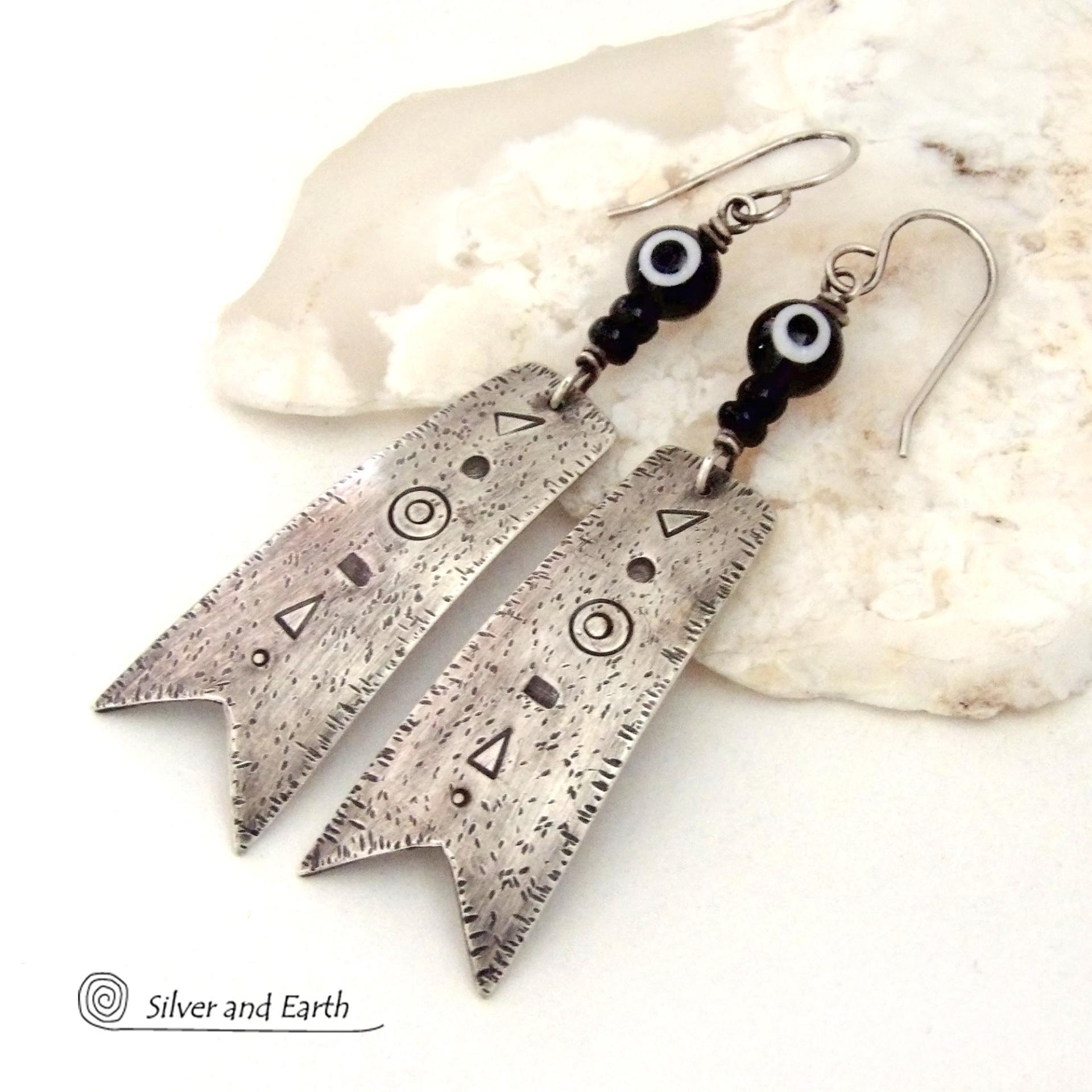 Long Oxidized Sterling Silver Earrings with Hand Stamped Texture - Bold Modern Edgy Tribal Style Jewelry