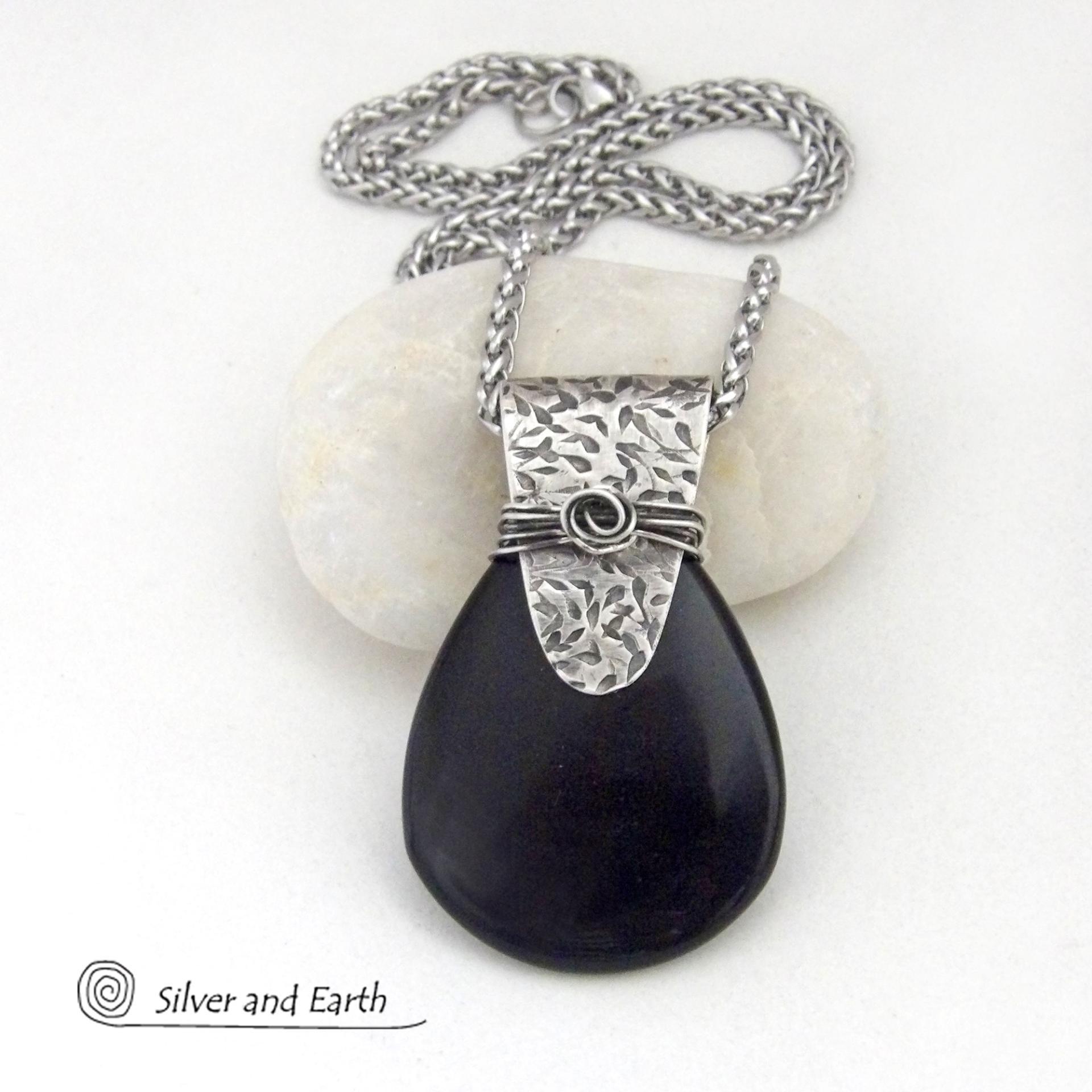Black Onyx Sterling Silver Pendant Necklace - Contemporary Modern Gemstone Jewelry
