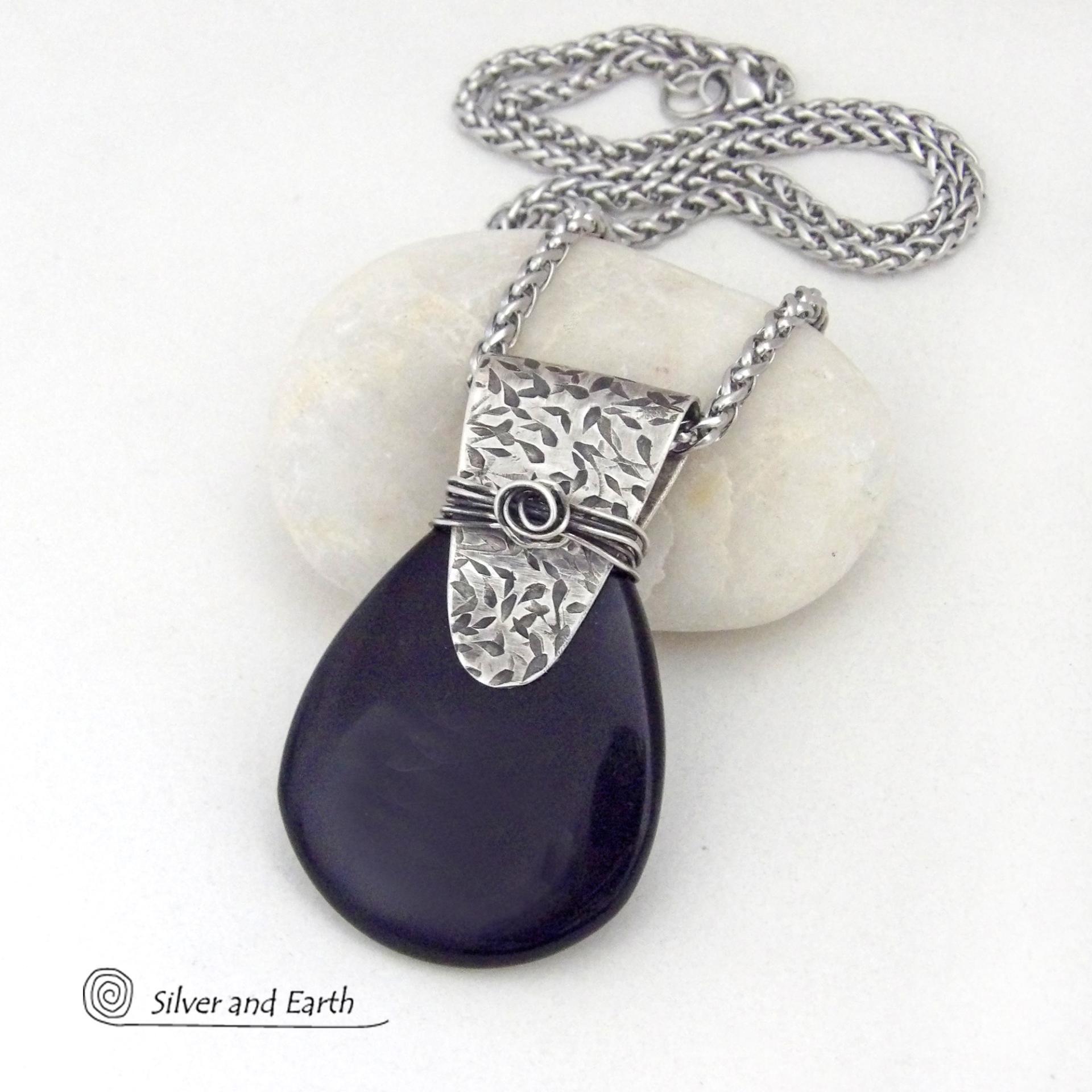 Black Onyx Sterling Silver Pendant Necklace - Contemporary Modern Gemstone Jewelry