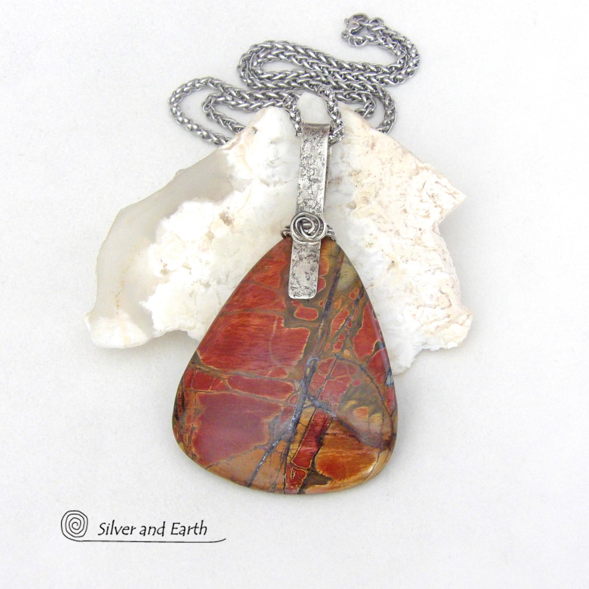 Large Red Creek Jasper Sterling Silver Necklace - Bold Earthy Natural Stone Jewelry