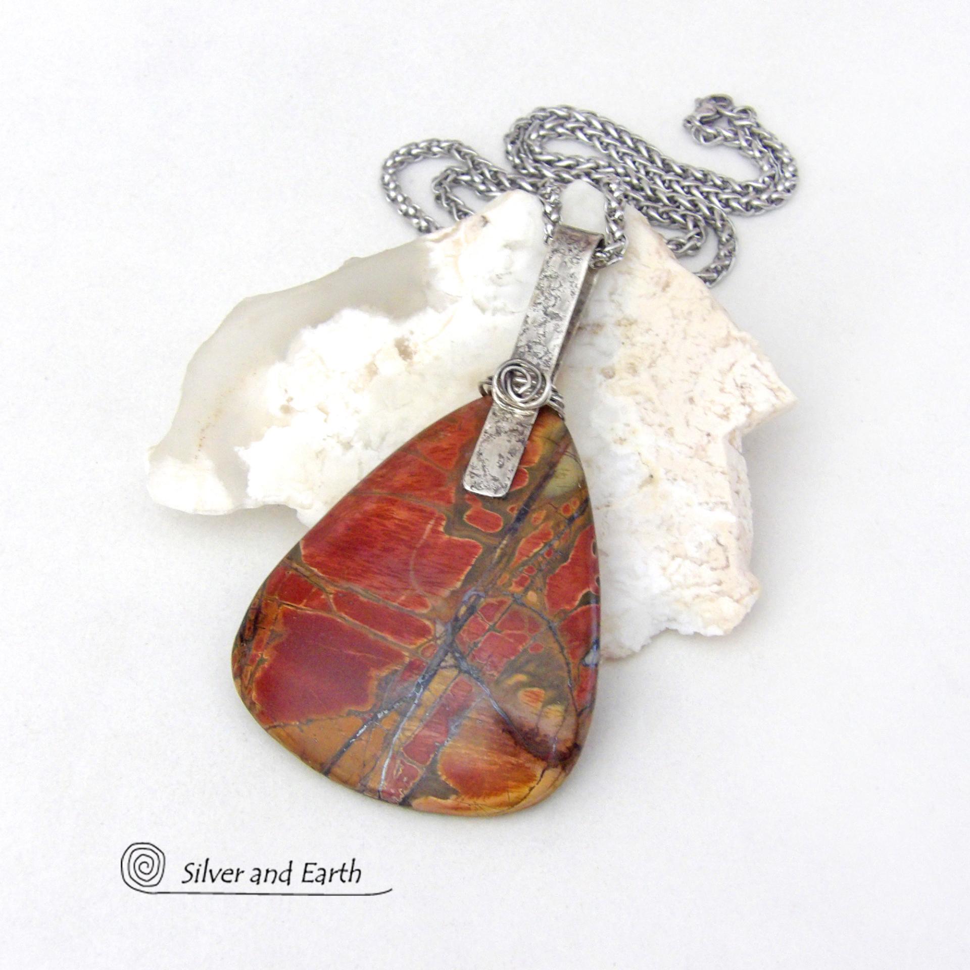 Large Red Creek Jasper Sterling Silver Necklace - Bold Earthy Natural Stone Jewelry