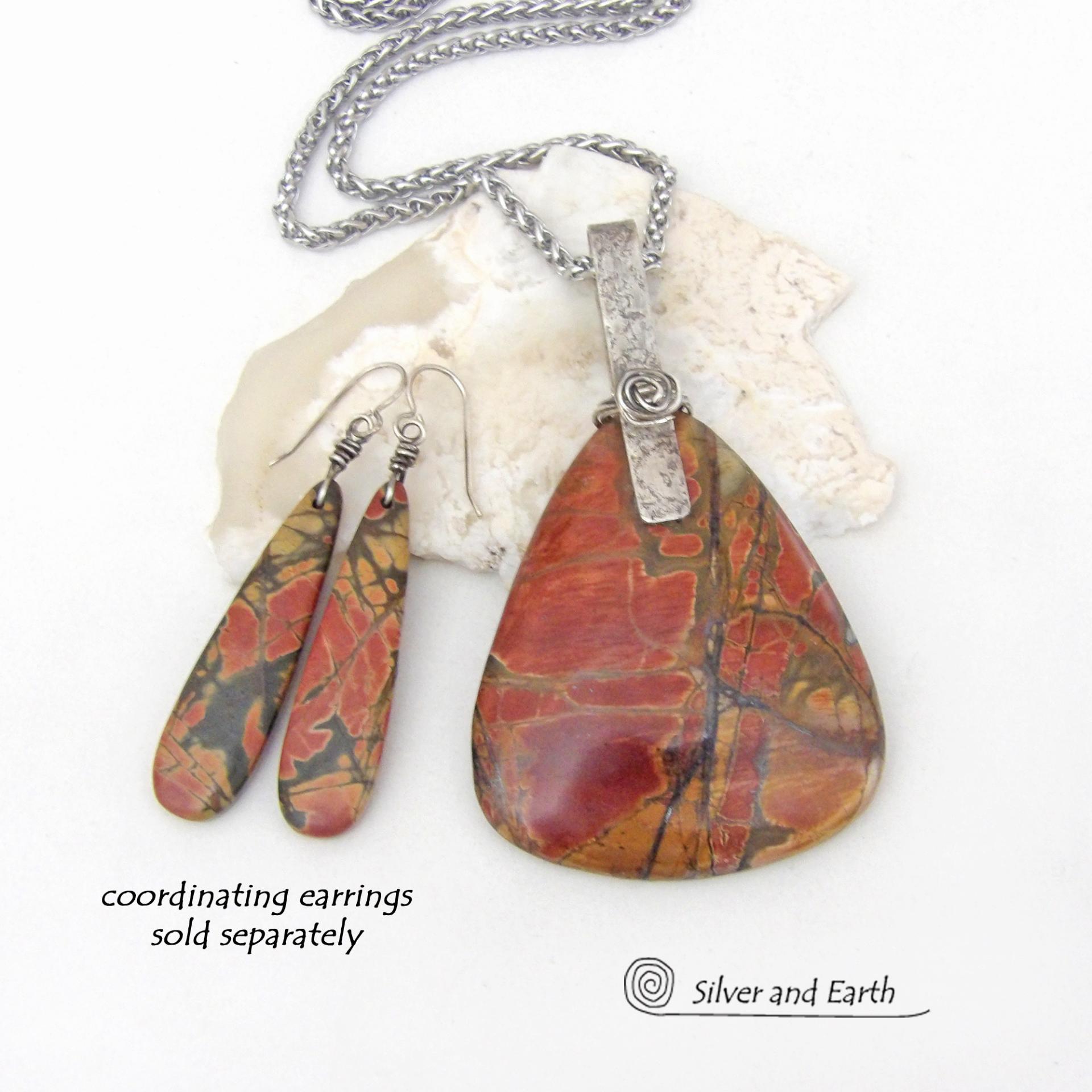 Large Red Creek Jasper Sterling Silver Necklace - Bold Earthy Natural Stone Jewelry - Matching Earrings Available
