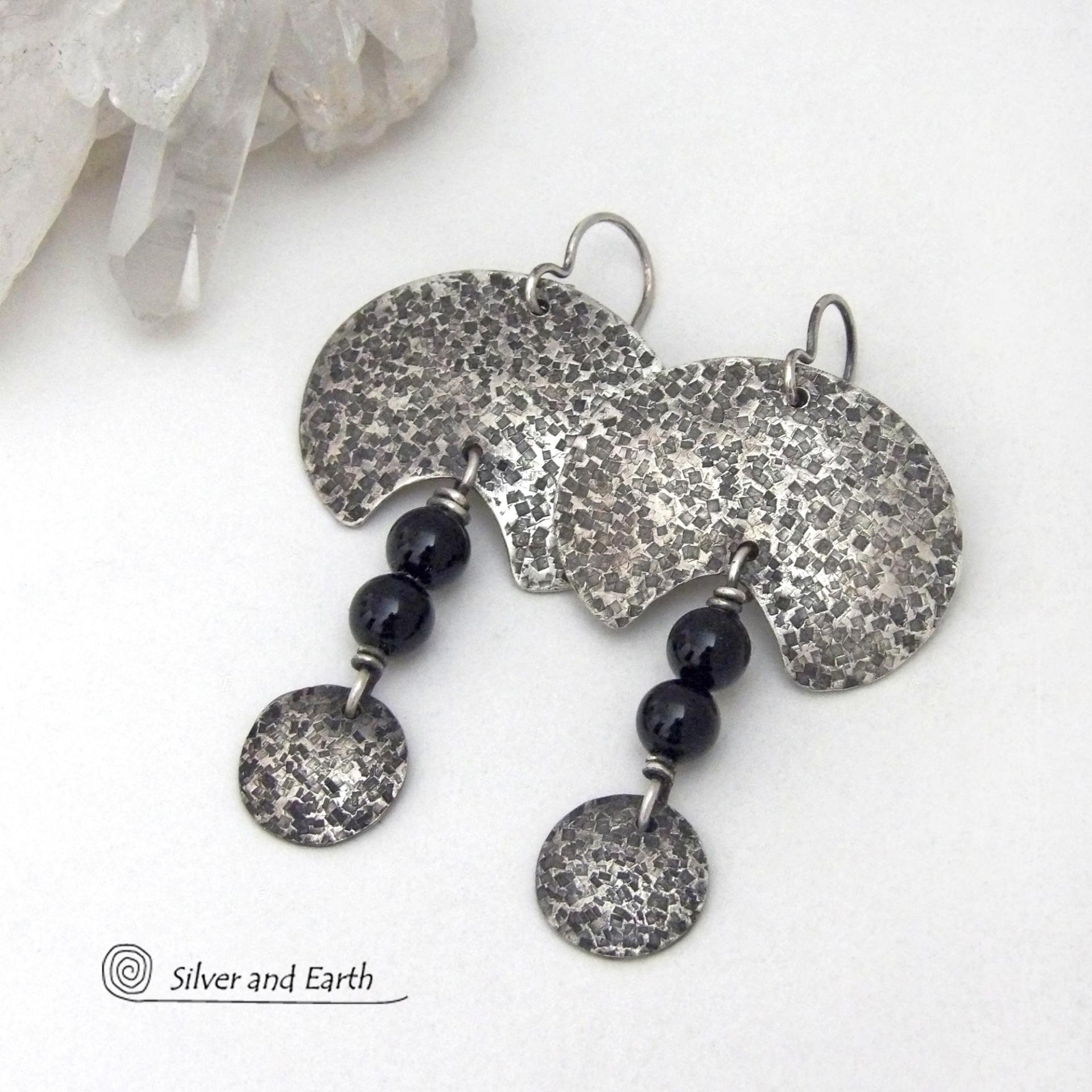 Hammered Oxidized Sterling Silver Earrings with Black Onyx Gemstones - Bold Edgy Modern Silver Jewelry