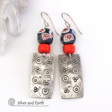 Sterling Silver Earrings with Colorful Hand Painted African Trade Beads