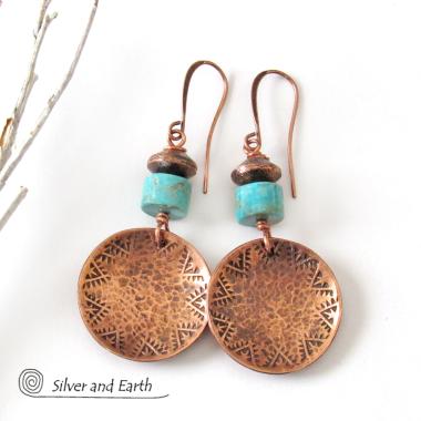 Round Copper Dangle Earrings with Turquoise Stones - Boho Southwestern Jewelry
