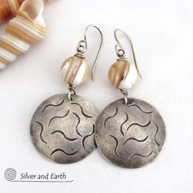 Golden White Mother of Pearl Sterling Silver Earrings with Hand Stamped Texture