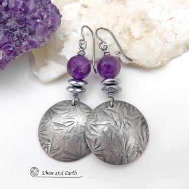 Silver Pewter Earrings with Purple Amethyst Gemstones - February Birthstone Jewelry 