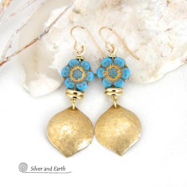 Gold Brass Dangle Earrings with Blue Flower Beads - Elegant Modern Nature Jewelry 