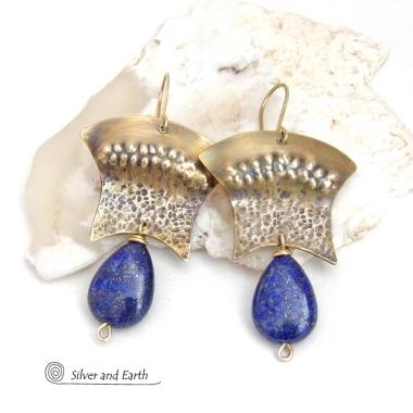 Gold Brass Egyptian Earrings with Lapis Lazuli Gemstones - Bold Exotic Statement Jewelry