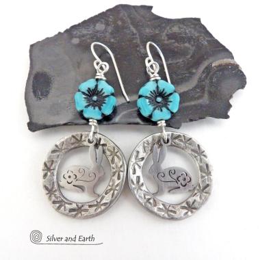 Silver Pewter Circle Hoop Earrings with Blue Flower Beads and Bunny Rabbit Charms - Unique Jewelry Gifts for Flower, Nature & Rabbit Lovers