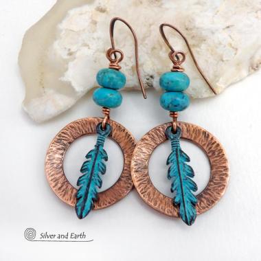 These handcrafted earrings feature round copper hoops with a hammered texture accented with a stack of turquoise beads and patina blue verdigris feathers. Lightweight and comfortable to wear - they'll add a touch of boho southwestern style to your wardrobe. Handmade in the USA by Silver and Earth Jewelry. 