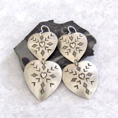 Large Sterling Silver Heart Concho Earrings - Vintage Southwestern Jewelry