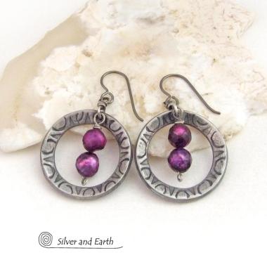 Silver Pewter Hoop Dangle Earrings with Purple Pearls - Elegant Dressy Modern Chic Freshwater Pearl Jewelry