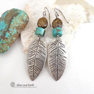 These handcrafted sterling silver feather earrings have a hand stamped texture and are accented with turquoise and bronzite stones which bring out the natural brown matrix in the turquoise stones. They have a native southwestern vibe that makes a bold statement. Perfect for anyone that loves the southwest style. Earrings measure 2-7/8" in length. Handmade exclusively by Silver and Earth. 