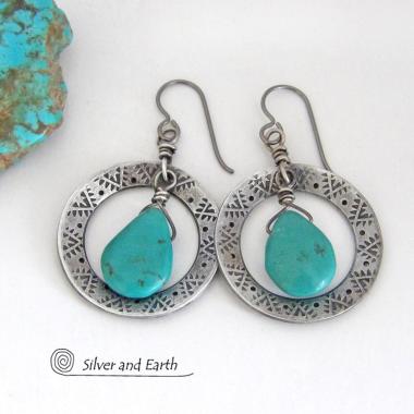 Hand Stamped Silver Pewter Hoop Earrings with Natural Turquoise Stones - Artisan Handcrafted Western Chic Southwest Style Jewelry