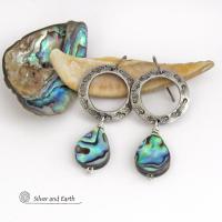 Blue Abalone Shell Silver Pewter Hoop Earrings - Natural Paua Shell Jewelry