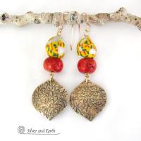 Gold Brass Dangle Earrings with Colorful African Glass Beads & Red Coral - Unique Bohemian Ethnic Tribal Afrocentric Jewelry