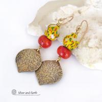 Gold Brass Dangle Earrings with Colorful African Glass Beads & Red Coral - Unique Bohemian Ethnic Tribal Afrocentric Jewelry