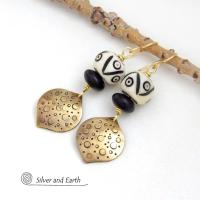 Gold Brass Earrings with African Carved Bone & Black Glass Beads - Unique Boho Style Jewelry