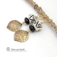 Gold Brass Earrings with African Carved Bone & Black Glass Beads - Unique Boho Style Jewelry
