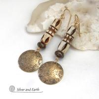 Hand Stamped Gold Brass Earrings with African Carved Bone & Brown Bronzite Stones - Bohemian Ethnic Tribal Style Jewelry