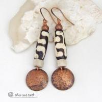 Long Hammered Copper Earrings with African Batik Bone Beads - Afrocentric Boho Ethnic Tribal Artisan Jewelry